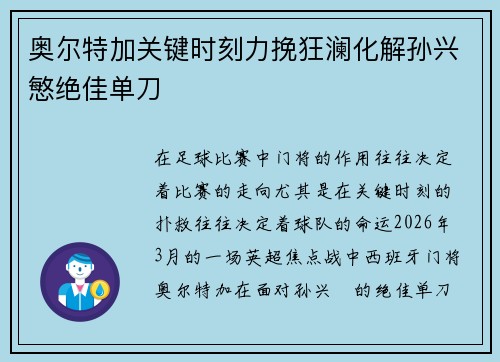 奥尔特加关键时刻力挽狂澜化解孙兴慜绝佳单刀