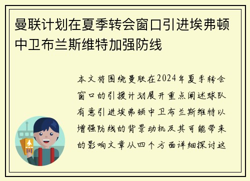 曼联计划在夏季转会窗口引进埃弗顿中卫布兰斯维特加强防线 曼联计划在夏季转会窗口引进埃弗顿中卫布兰斯维特加强防线